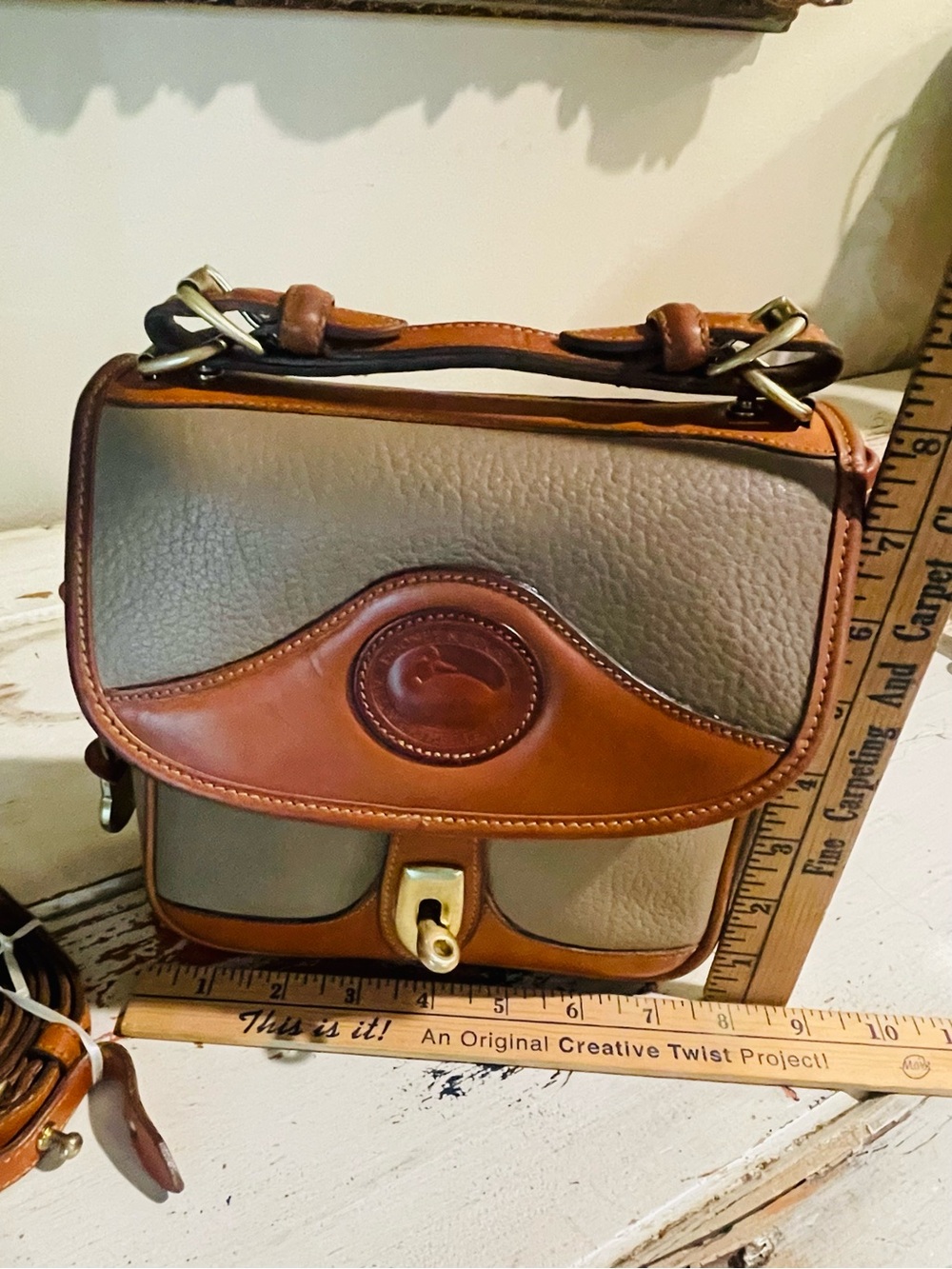 Dooney & Bourke  AWL CarrierTan and Taupe Leather Crossbody Satchel - Picture 5 of 16